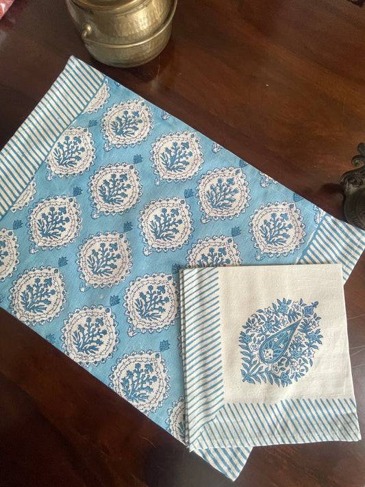 Blue Domed Floral Table Mat with Napkins - Table of Six