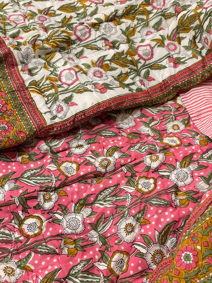 Pink Botanical Double Quilt - Reversible