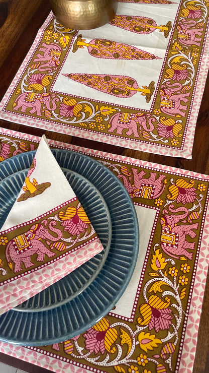 Vintage Pines & Elephants Table Runner Set - With table mats and napkin